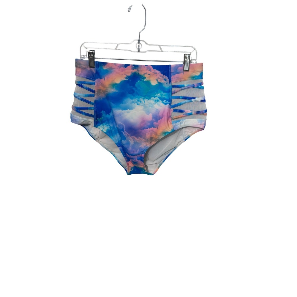 Torrid Swim Bottoms Womens 1 Blue Cloud Print High Waist Strappy Mesh Side